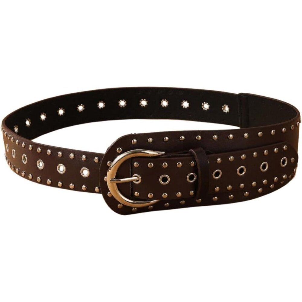 Women's Studded Belts Y2k Punk PU Leather Vintage Western Cowgirl Belts Coffee